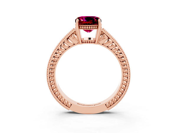 Rose gold Cushion Cut Garnet Ring with Milgrain Pavé Band and Four-Prong Setting