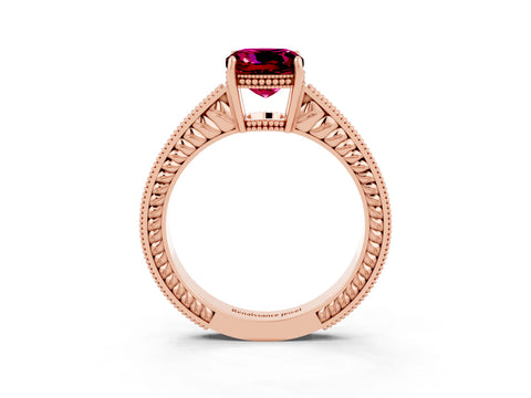 Rose gold Cushion Cut Garnet Ring with Milgrain Pavé Band and Four-Prong Setting_15