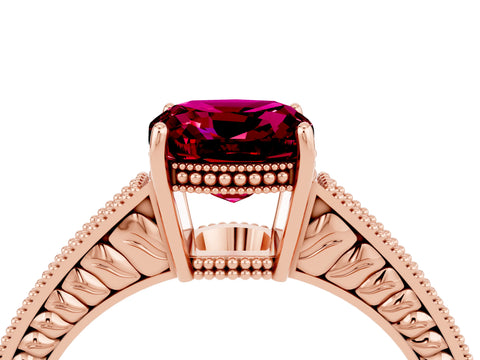 Rose gold Cushion Cut Garnet Ring with Milgrain Pavé Band and Four-Prong Setting_16