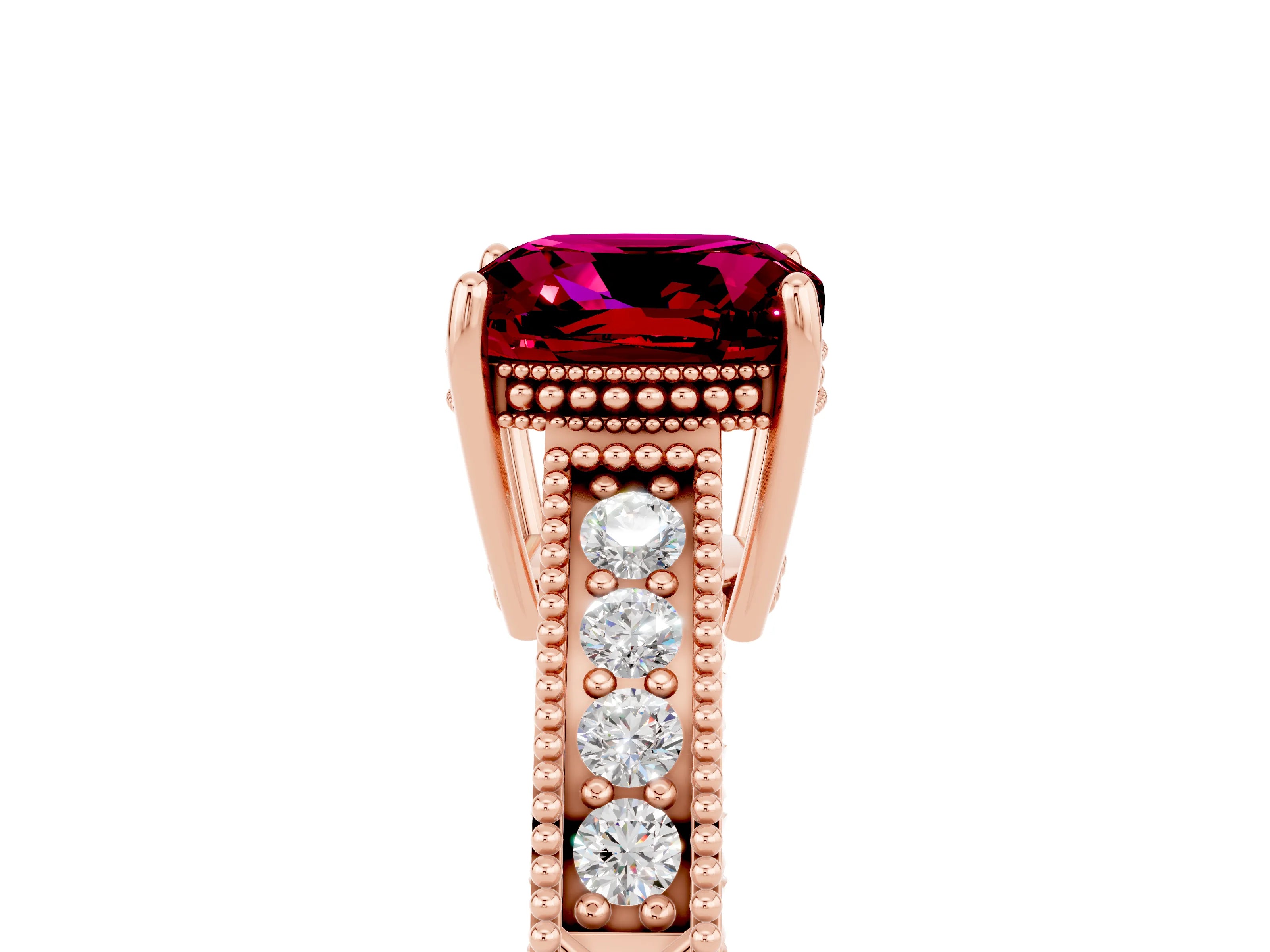 Rose gold Cushion Cut Garnet Ring with Milgrain Pavé Band and Four-Prong Setting_17
