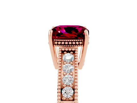 Rose gold Cushion Cut Garnet Ring with Milgrain Pavé Band and Four-Prong Setting_17