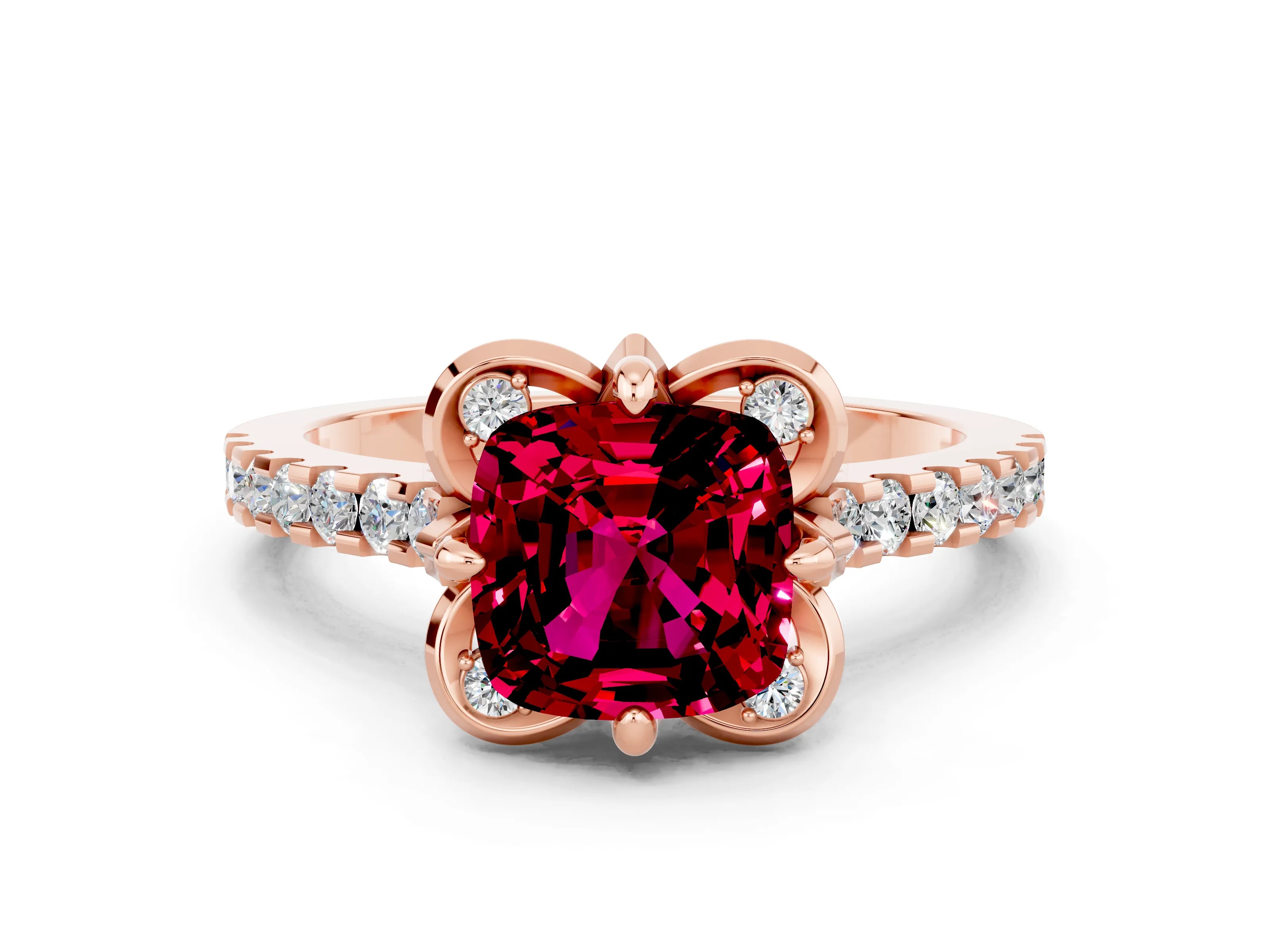 Rose gold Cushion Cut Garnet Ring with Pavé Band and Floral Prong Setting