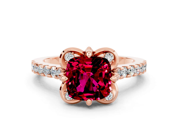 Rose gold Cushion Cut Garnet Ring with Pavé Band and Floral Prong Setting