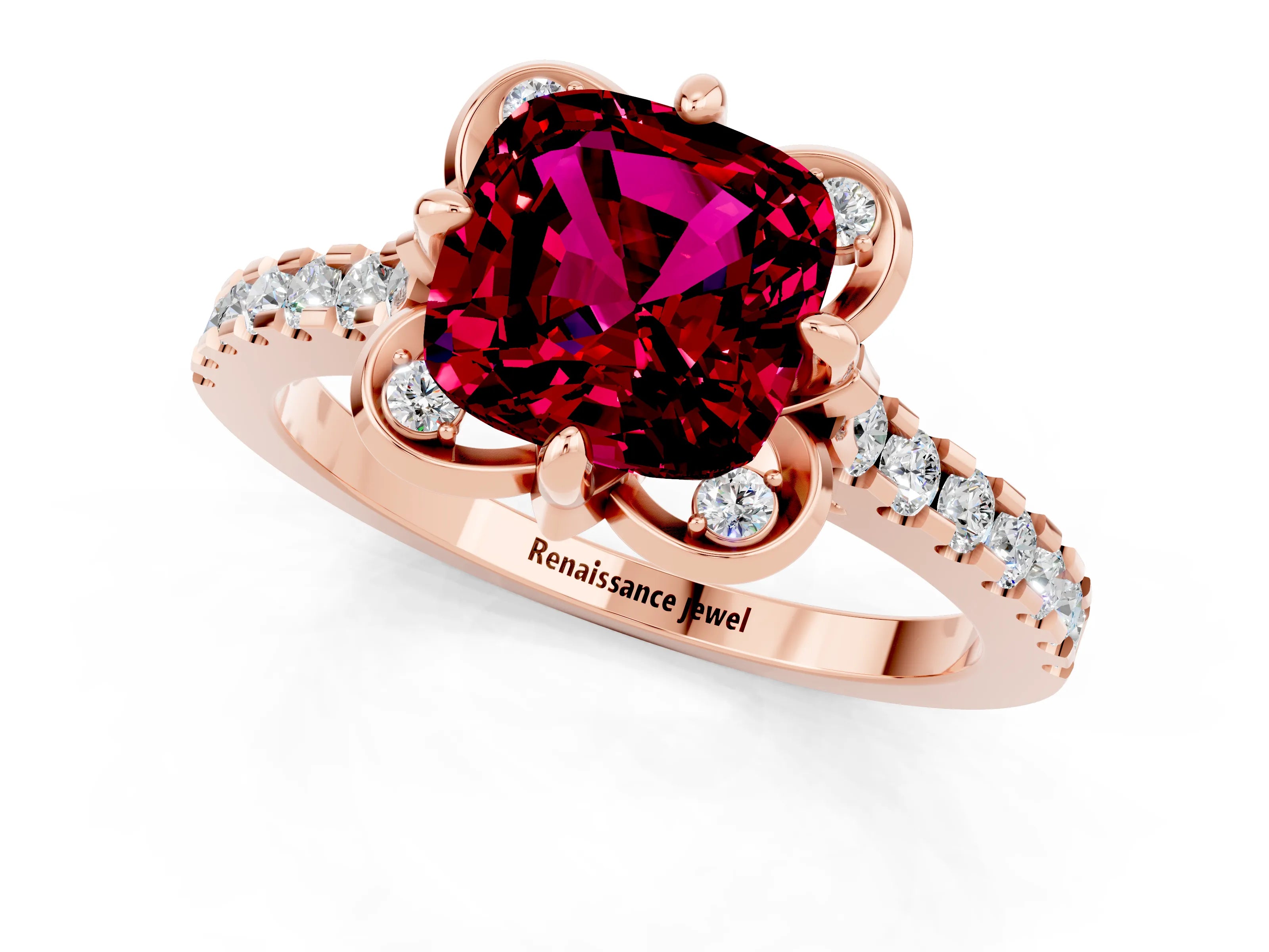 Rose gold Cushion Cut Garnet Ring with Pavé Band and Floral Prong Setting_1