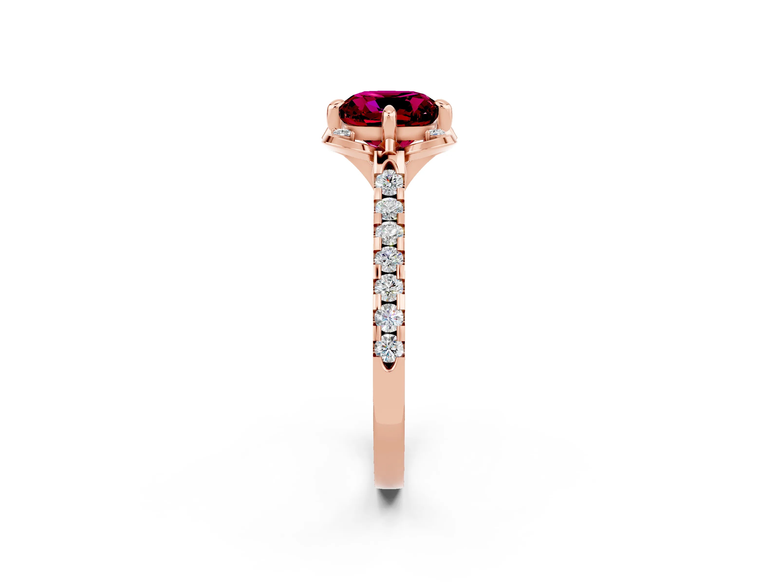 Rose gold Cushion Cut Garnet Ring with Pavé Band and Floral Prong Setting_2