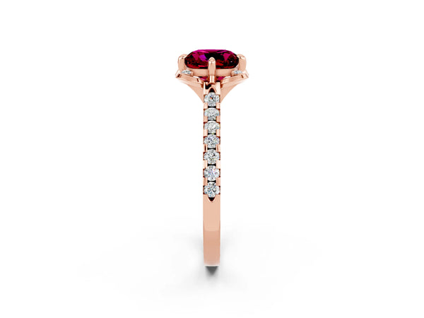 Rose gold Cushion Cut Garnet Ring with Pavé Band and Floral Prong Setting