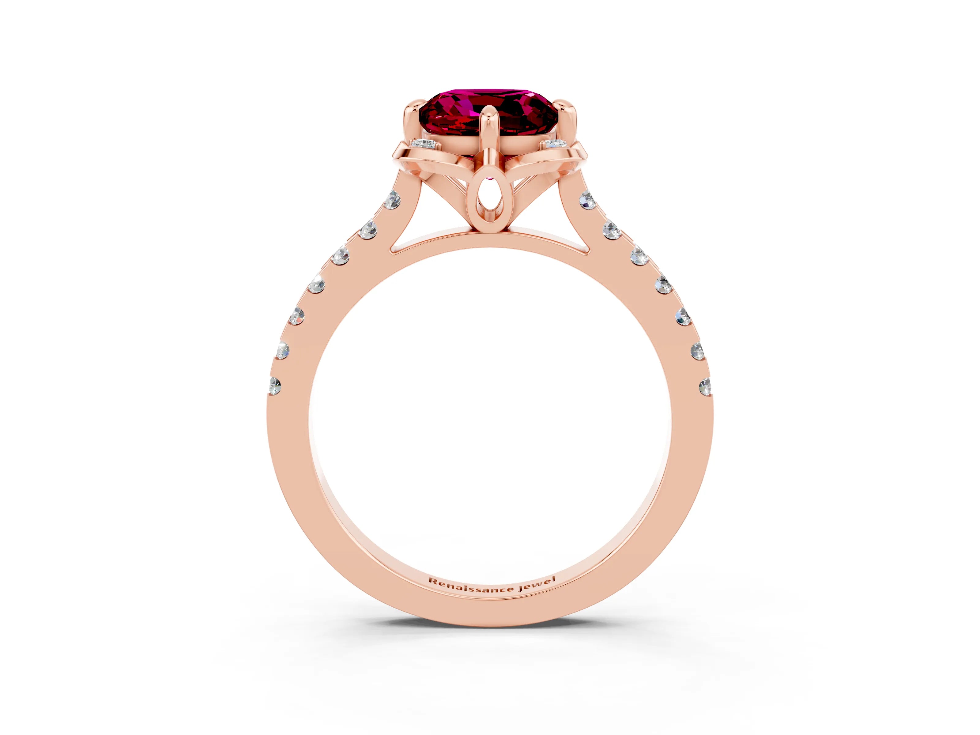 Rose gold Cushion Cut Garnet Ring with Pavé Band and Floral Prong Setting_3