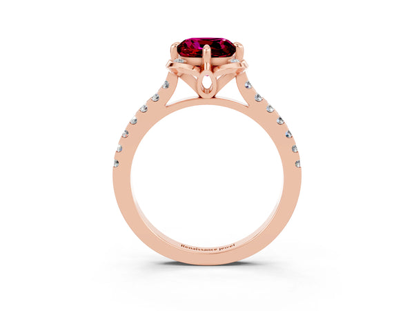 Rose gold Cushion Cut Garnet Ring with Pavé Band and Floral Prong Setting