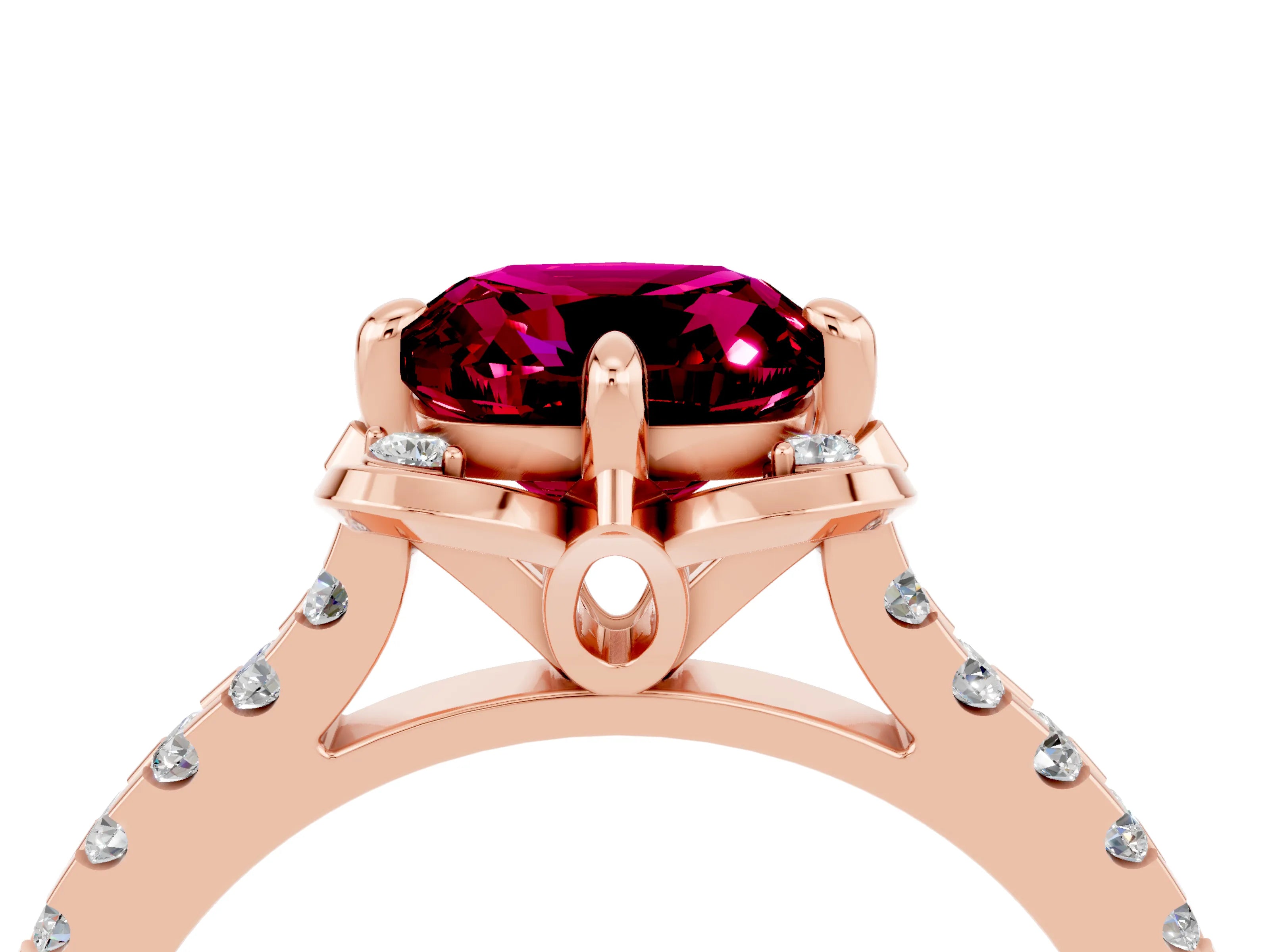 Rose gold Cushion Cut Garnet Ring with Pavé Band and Floral Prong Setting_4