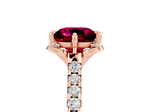 Rose gold Cushion Cut Garnet Ring with Pavé Band and Floral Prong Setting_5