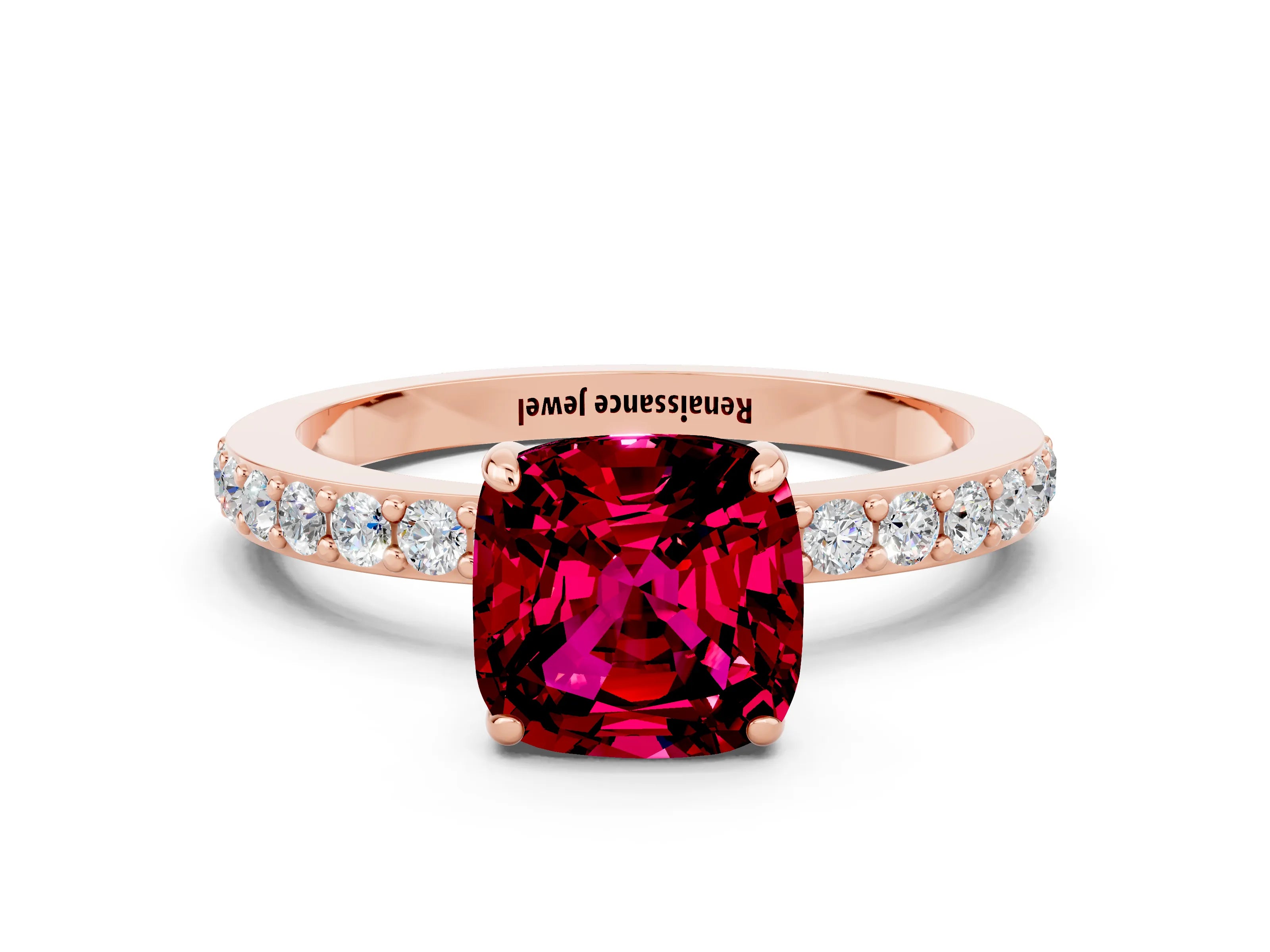 Rose gold Cushion Cut Garnet Ring with Pavé Band and Four-Prong Setting