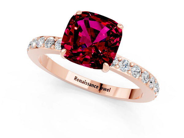 Rose gold Cushion Cut Garnet Pavé Engagement Ring with Round  Accents and Prong Setting