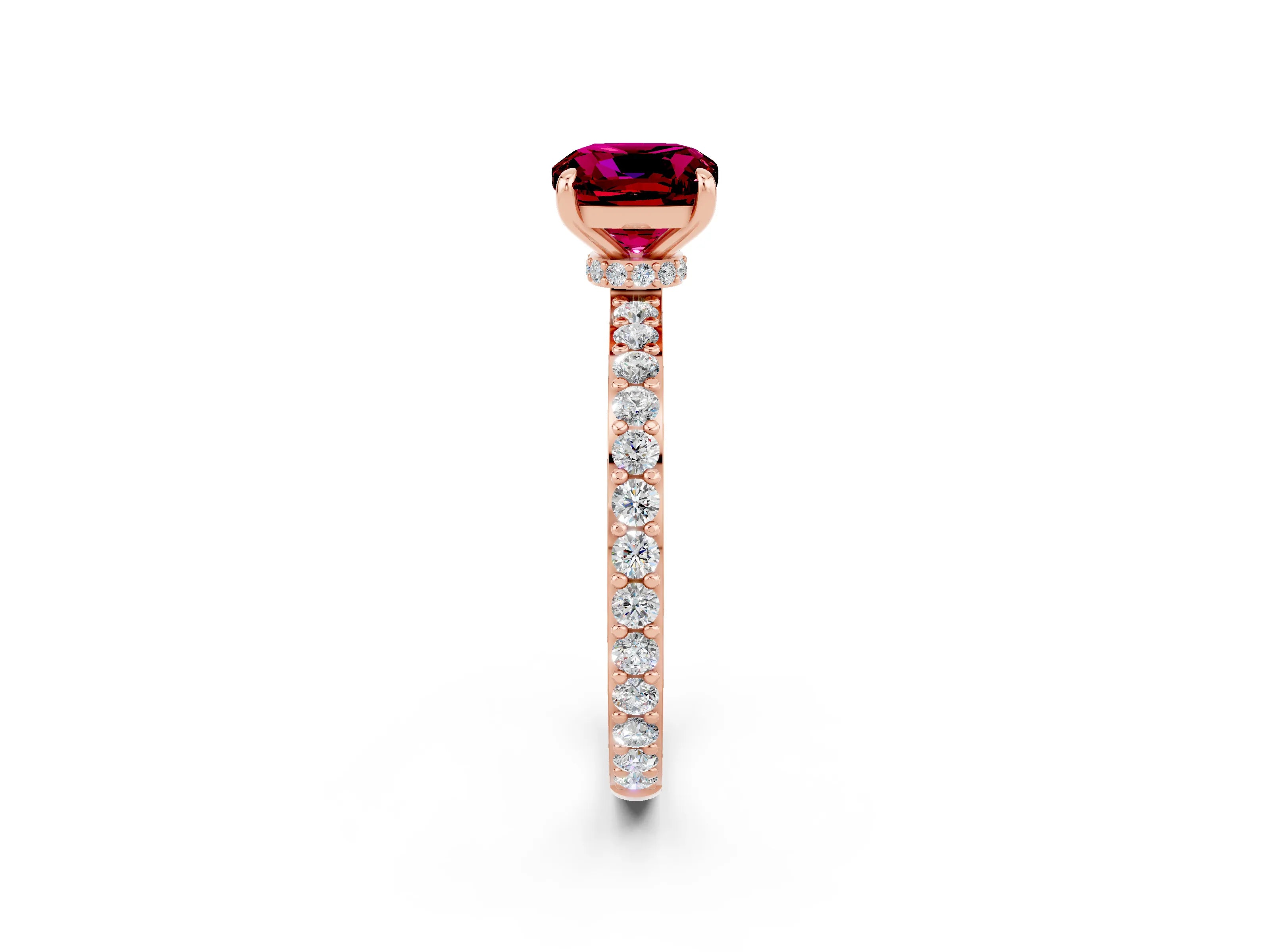 Rose gold Cushion Cut Garnet Ring with Pavé Band and Four-Prong Setting_2