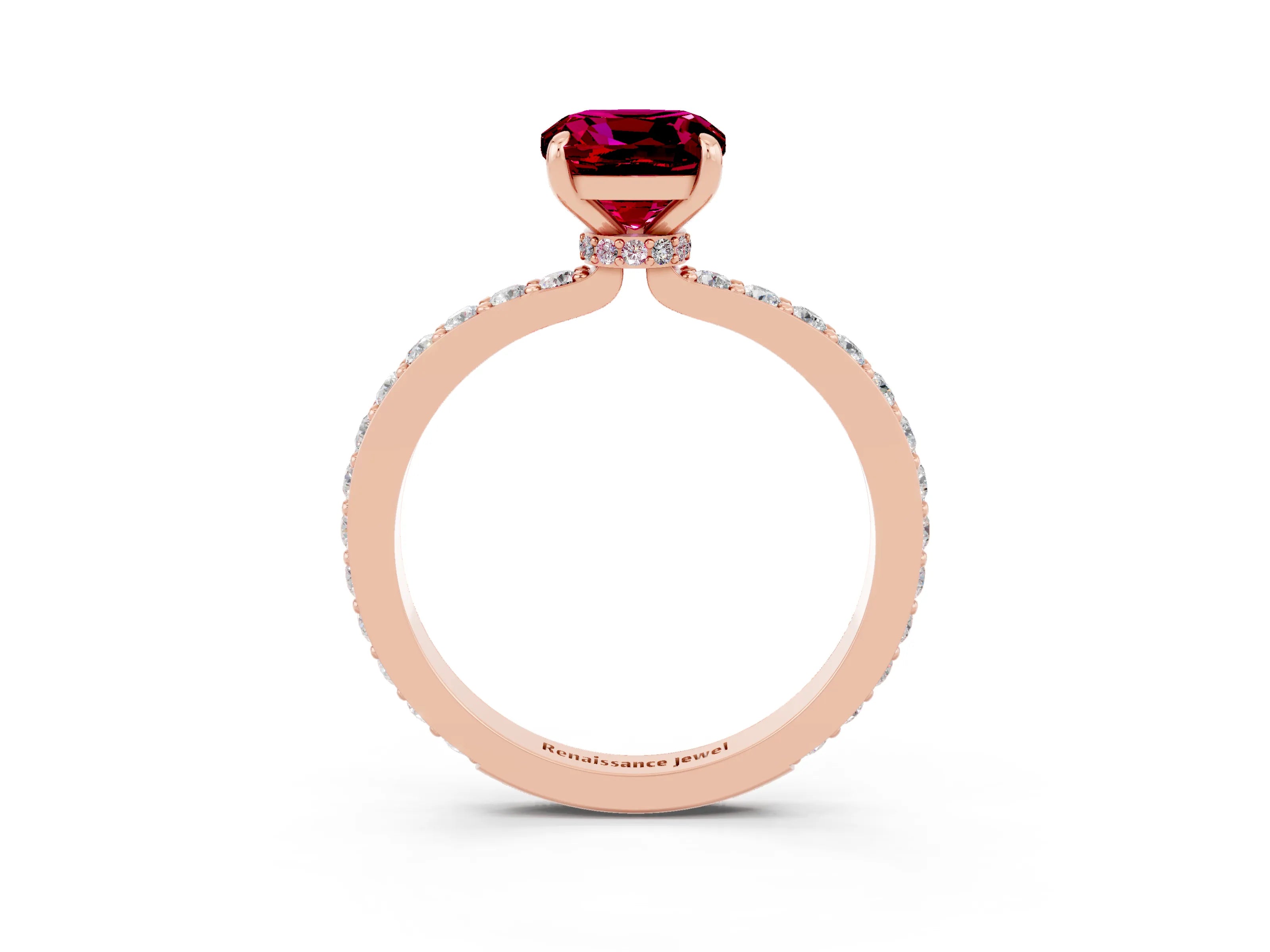 Rose gold Cushion Cut Garnet Ring with Pavé Band and Four-Prong Setting_3
