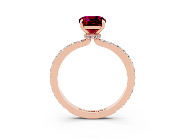 Rose gold Cushion Cut Garnet Pavé Engagement Ring with Round  Accents and Prong Setting