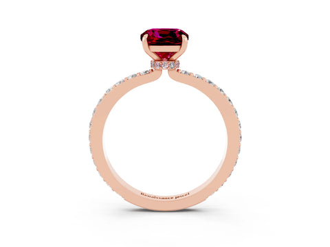 Rose gold Cushion Cut Garnet Ring with Pavé Band and Four-Prong Setting_3
