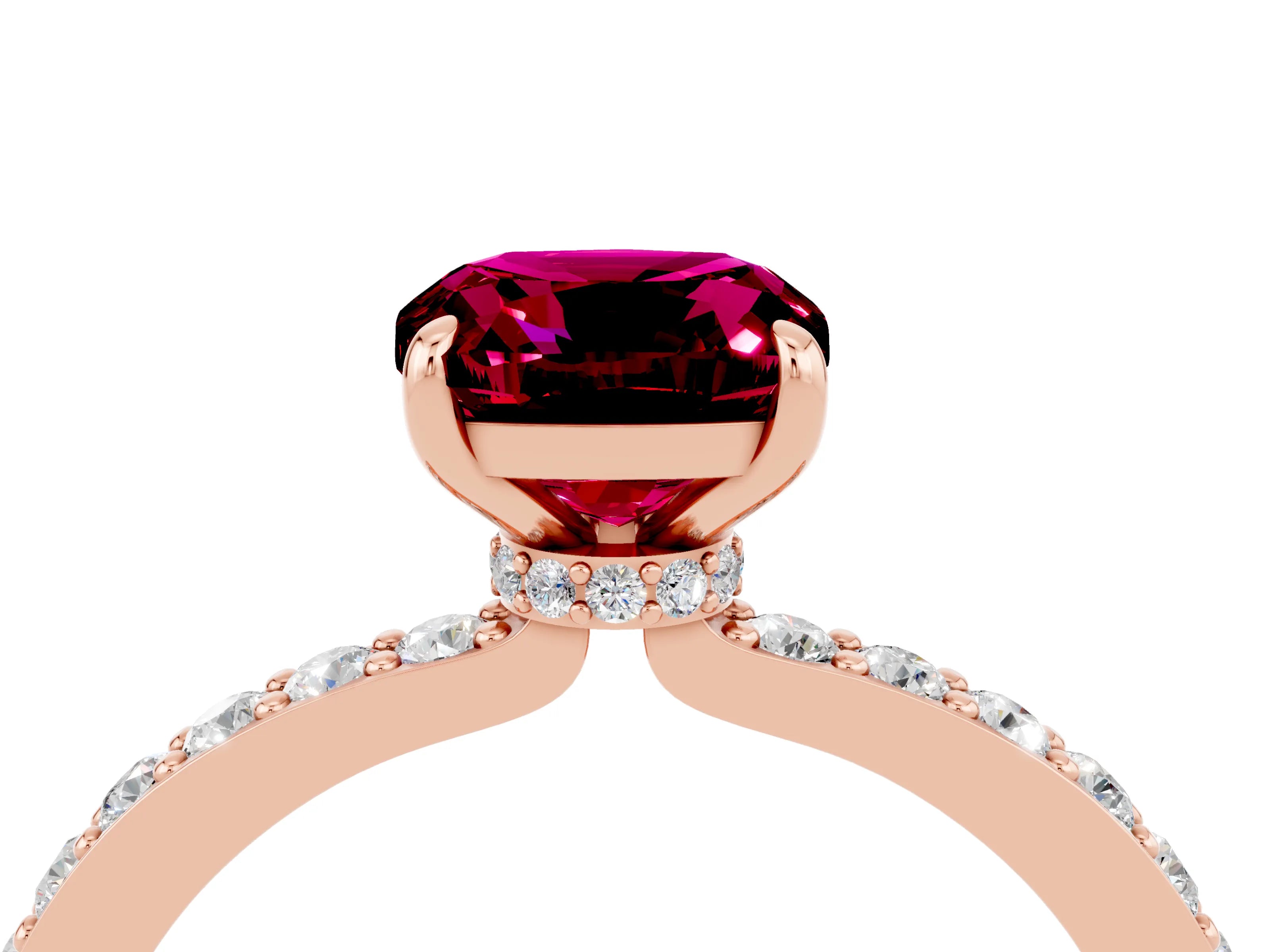 Rose gold Cushion Cut Garnet Ring with Pavé Band and Four-Prong Setting_4
