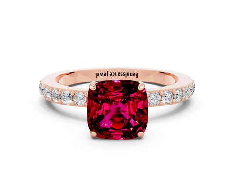 Rose gold Cushion Cut Garnet Ring with Pavé Band and Four-Prong Setting