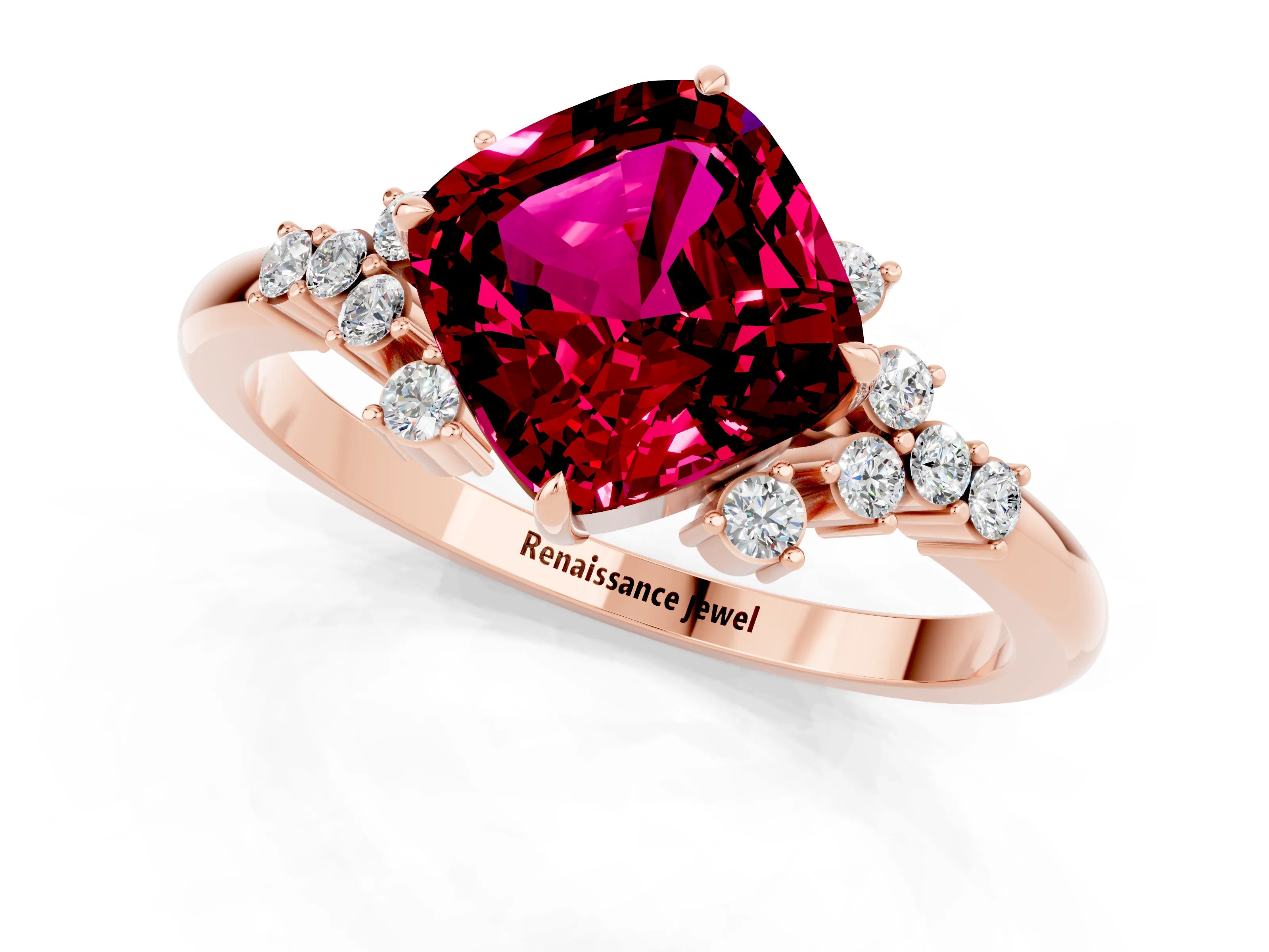 Rose gold Cushion Cut Garnet Ring with Side Stones and Four-Prong Setting_37