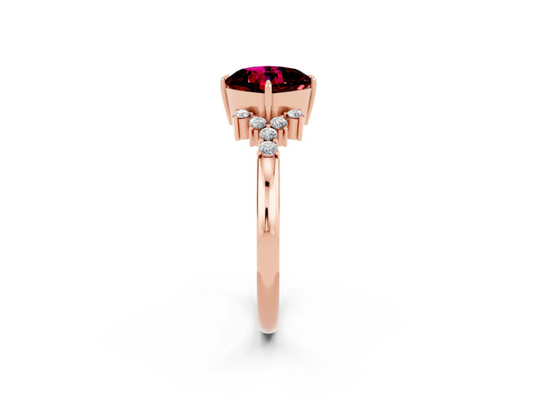 Rose gold Cushion Cut Garnet Ring with Side Stones and Four-Prong Setting