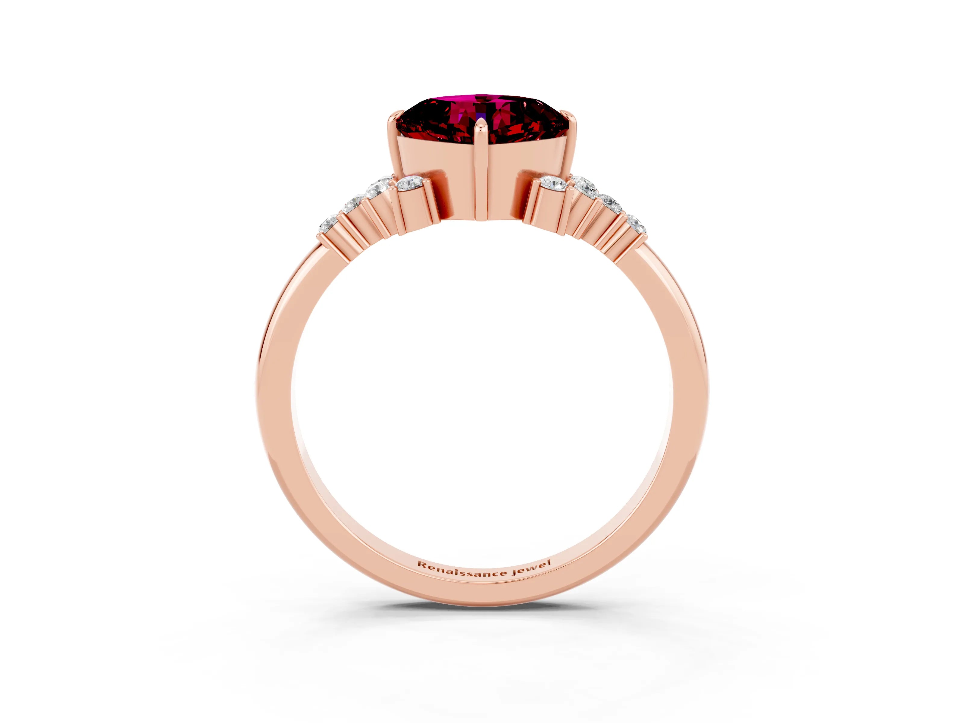 Rose gold Cushion Cut Garnet Ring with Side Stones and Four-Prong Setting_39