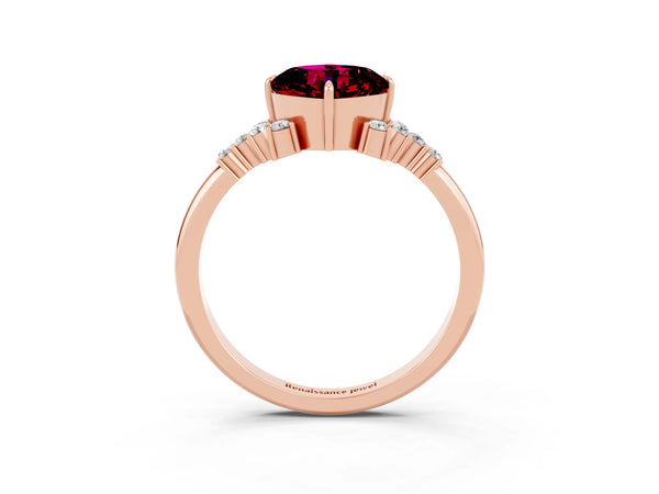 Rose gold Cushion Cut Garnet Ring with Side Stones and Four-Prong Setting