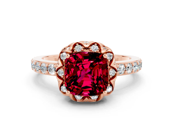 Rose gold Cushion Cut Garnet Scalloped Halo Engagement Ring with Round Shared Prong Band