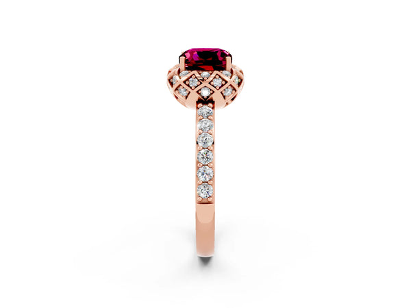 Rose gold Cushion Cut Garnet Scalloped Halo Engagement Ring with Round Shared Prong Band
