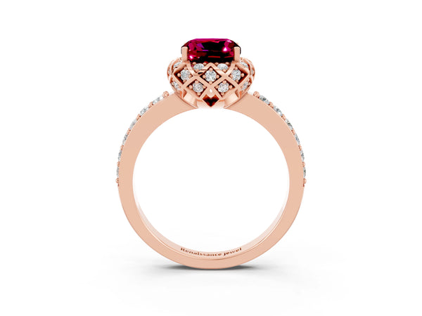 Rose gold Cushion Cut Garnet Scalloped Halo Engagement Ring with Round Shared Prong Band