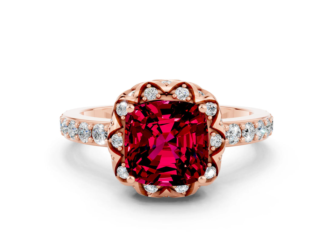 Rose gold Cushion Cut Garnet Scalloped Halo Engagement Ring with Round Shared Prong Band_24