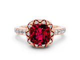 Rose gold Cushion Cut Garnet Scalloped Halo Engagement Ring with Round Shared Prong Band_24