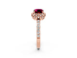 Rose gold Cushion Cut Garnet Scalloped Halo Engagement Ring with Round Shared Prong Band_26