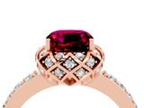 Rose gold Cushion Cut Garnet Scalloped Halo Engagement Ring with Round Shared Prong Band_28