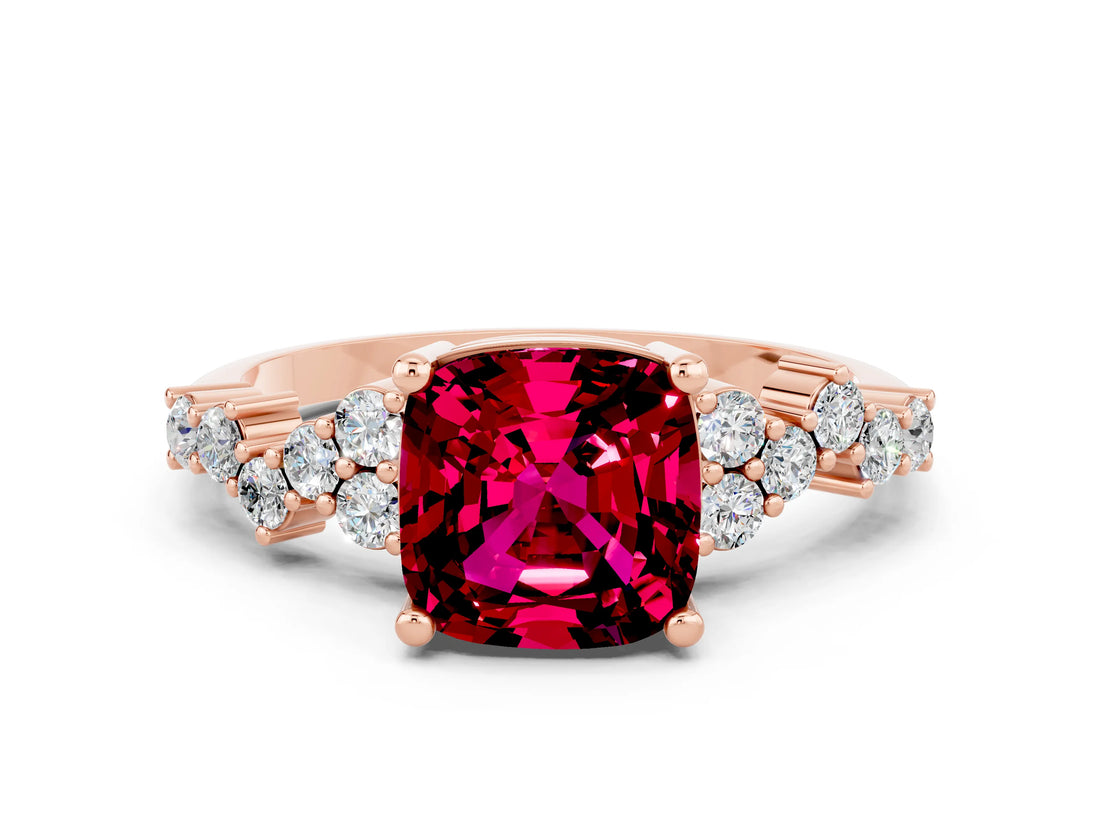 Rose gold Cushion Cut Garnet Scattered Round Accent Ring with Prong Setting_24