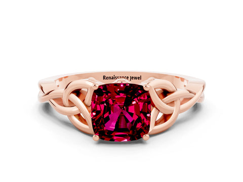 Rose gold Cushion Cut Garnet Solitaire Celtic Knot Ring with Four-Prong Setting_12