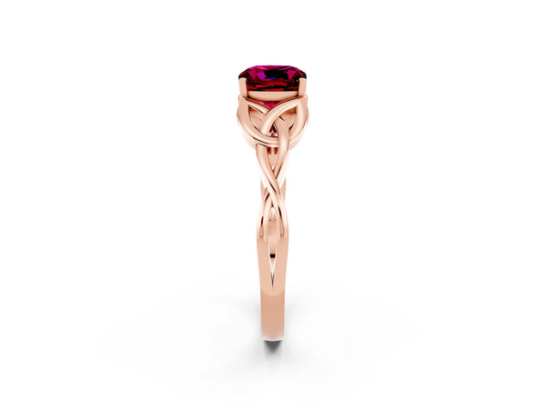 Rose gold Cushion Cut Garnet Solitaire Celtic Knot Ring with Four-Prong Setting
