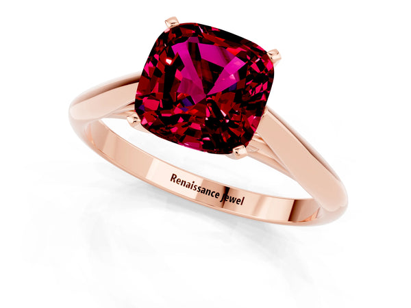 Rose gold Cushion Cut Garnet Solitaire Engagement Ring with Cathedral Setting and Four-Prong Mount