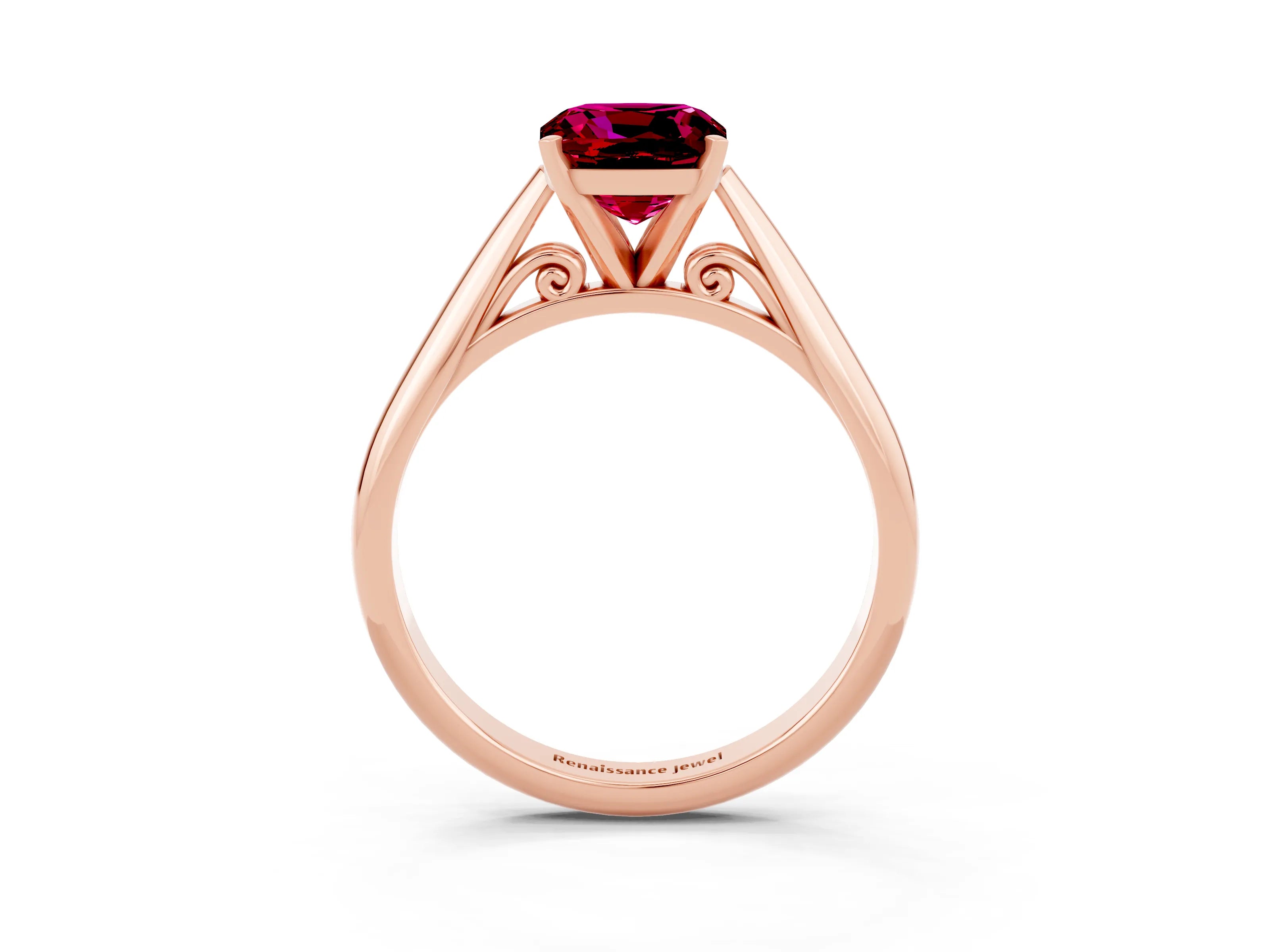 Rose gold Cushion Cut Garnet Solitaire Engagement Ring with Cathedral Setting and Four-Prong Mount_15