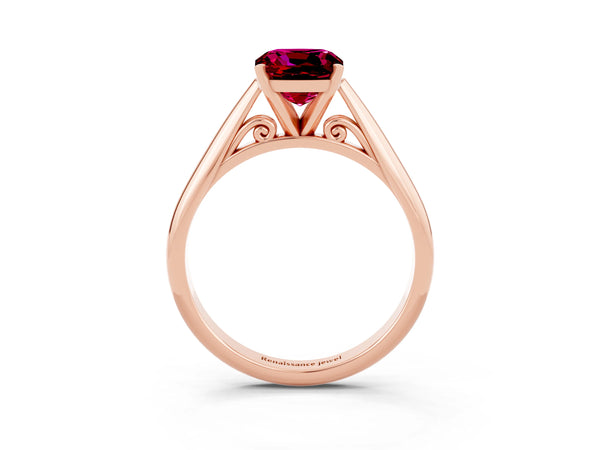 Rose gold Cushion Cut Garnet Solitaire Engagement Ring with Cathedral Setting and Four-Prong Mount
