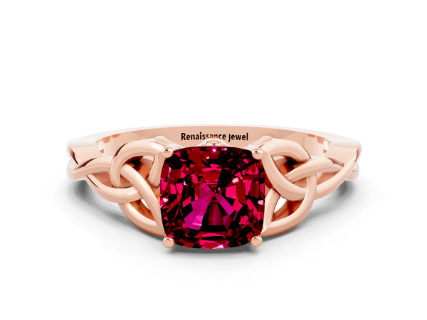 Rose gold Cushion Cut Garnet Solitaire Engagement Ring with Celtic Knot Band and Four-Prong Setting