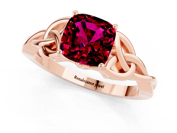 Rose gold Cushion Cut Garnet Solitaire Engagement Ring with Celtic Knot Band and Four-Prong Setting