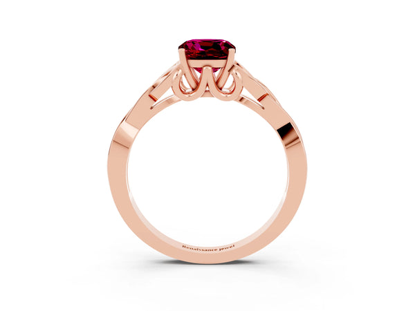 Rose gold Cushion Cut Garnet Solitaire Engagement Ring with Celtic Knot Band and Four-Prong Setting