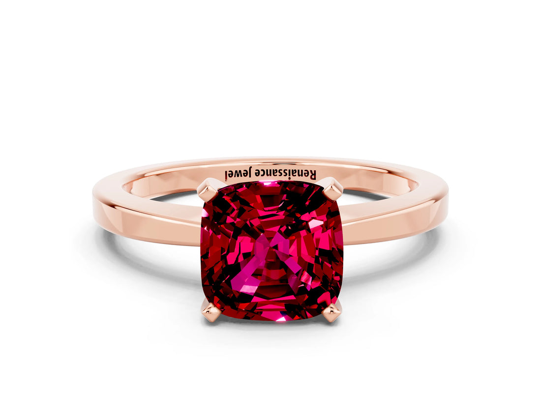Rose gold Cushion Cut Garnet Solitaire Engagement Ring with Classic Band and Four-Prong Setting_24