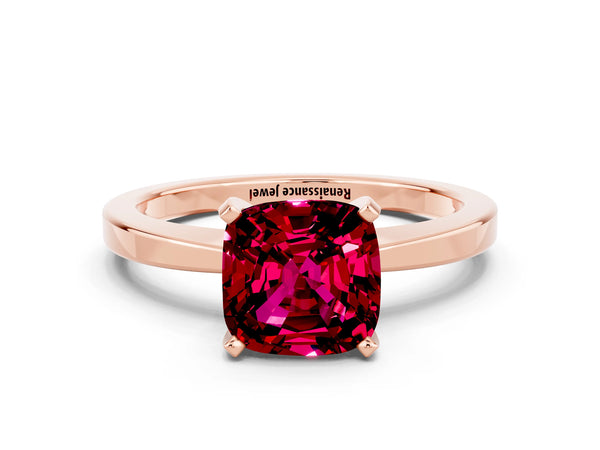 Rose gold Cushion Cut Garnet Solitaire Engagement Ring with Classic Band and Four-Prong Setting