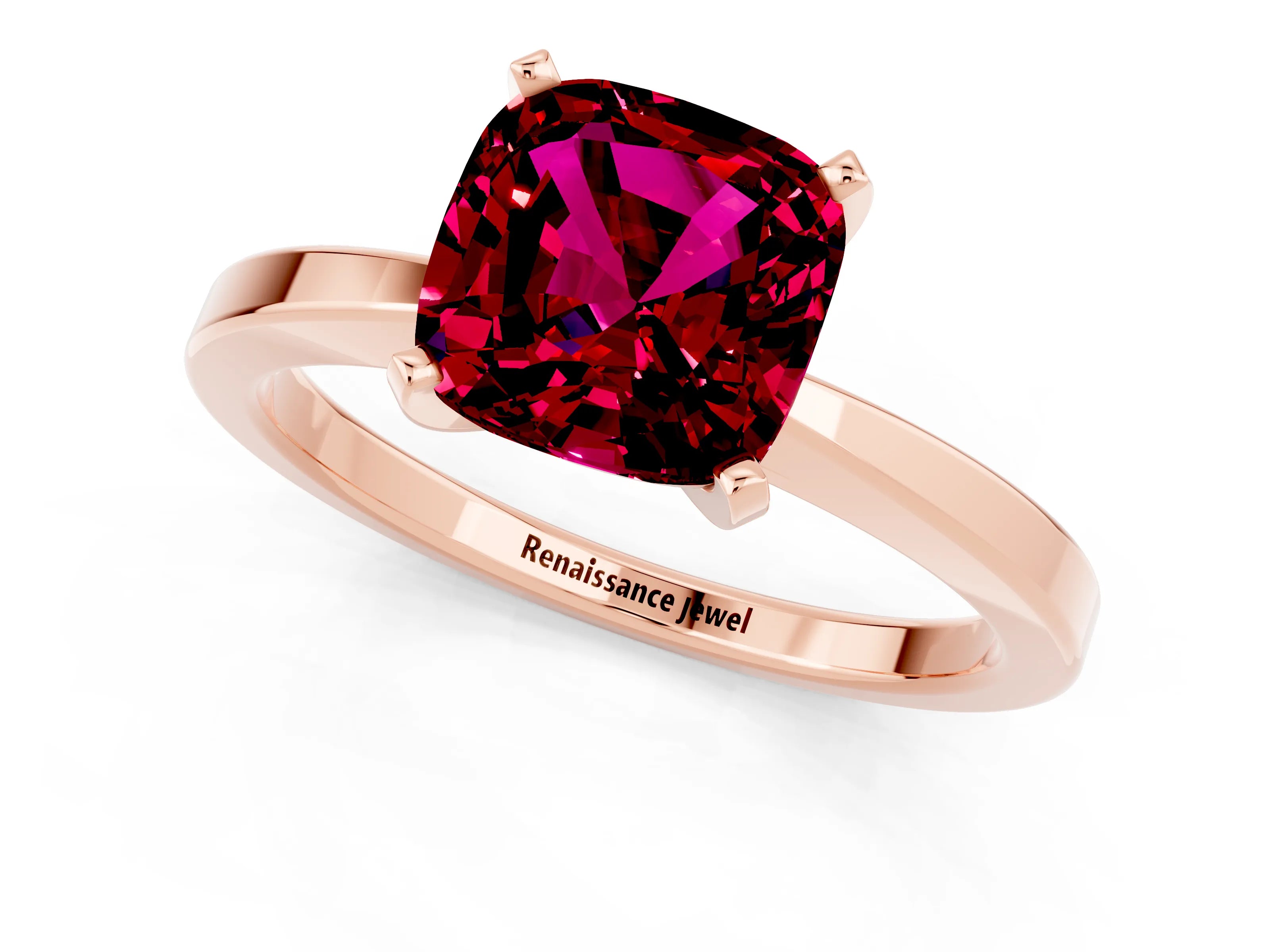 Rose gold Cushion Cut Garnet Solitaire Engagement Ring with Classic Band and Four-Prong Setting_25