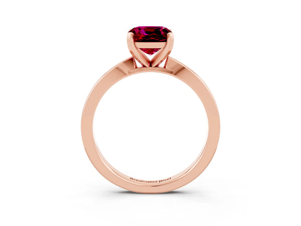 Rose gold Cushion Cut Garnet Solitaire Engagement Ring with Classic Band and Four-Prong Setting