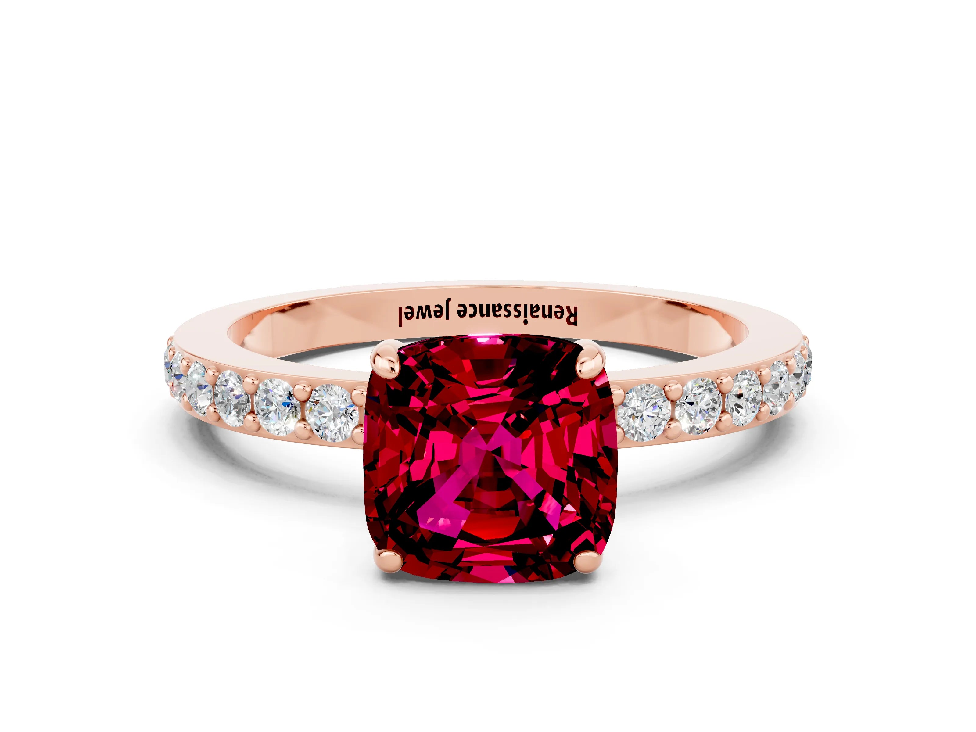Rose gold Cushion Cut Garnet Solitaire Engagement Ring with Pavé Band and Four-Prong Setting