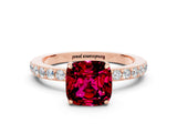 Rose gold Cushion Cut Garnet Solitaire Engagement Ring with Pavé Band and Four-Prong Setting