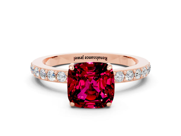 Rose gold Cushion Cut Garnet Solitaire Engagement Ring with Pavé Band and Four-Prong Setting