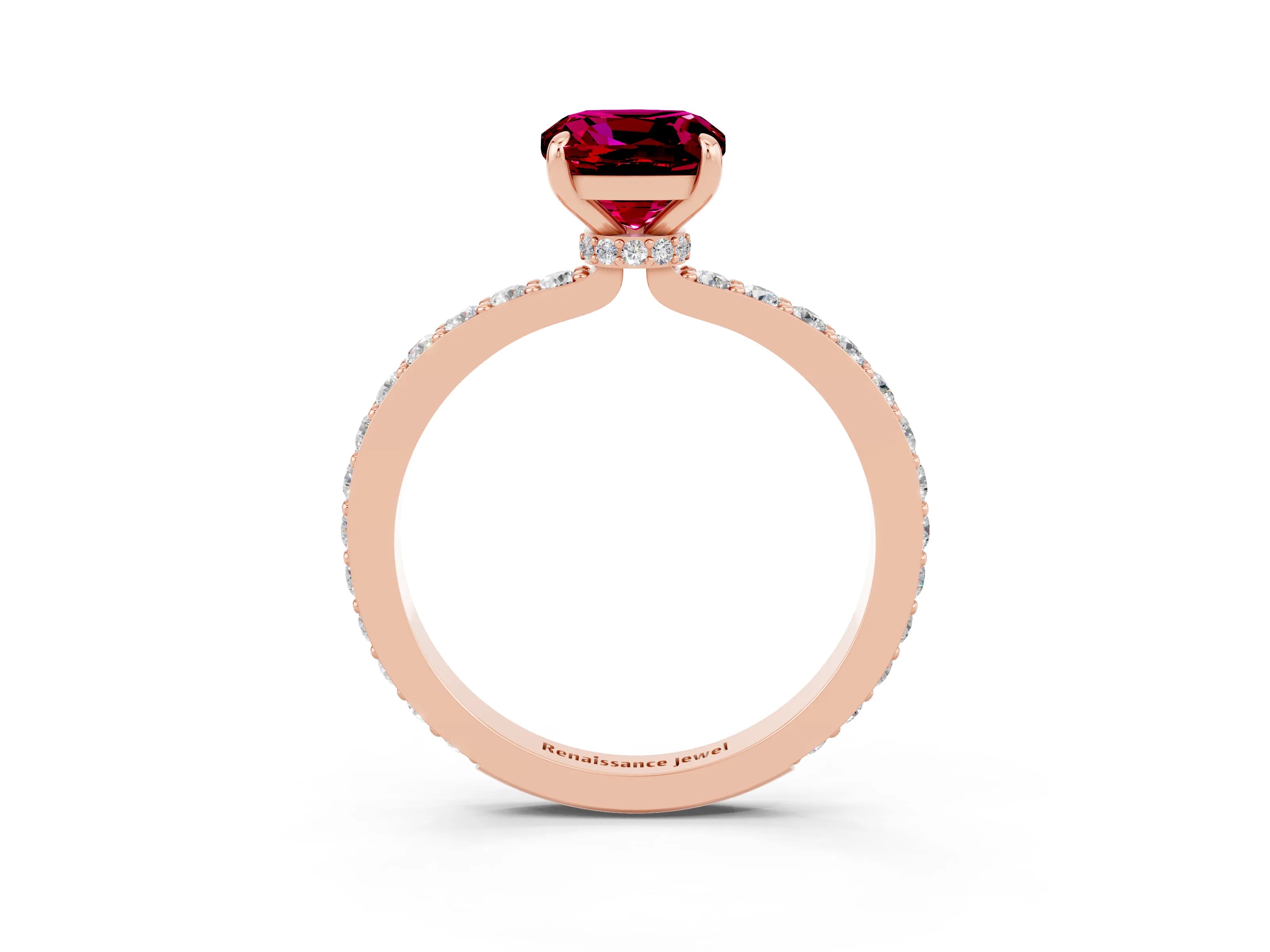 Rose gold Cushion Cut Garnet Solitaire Engagement Ring with Pavé Band and Four-Prong Setting_3